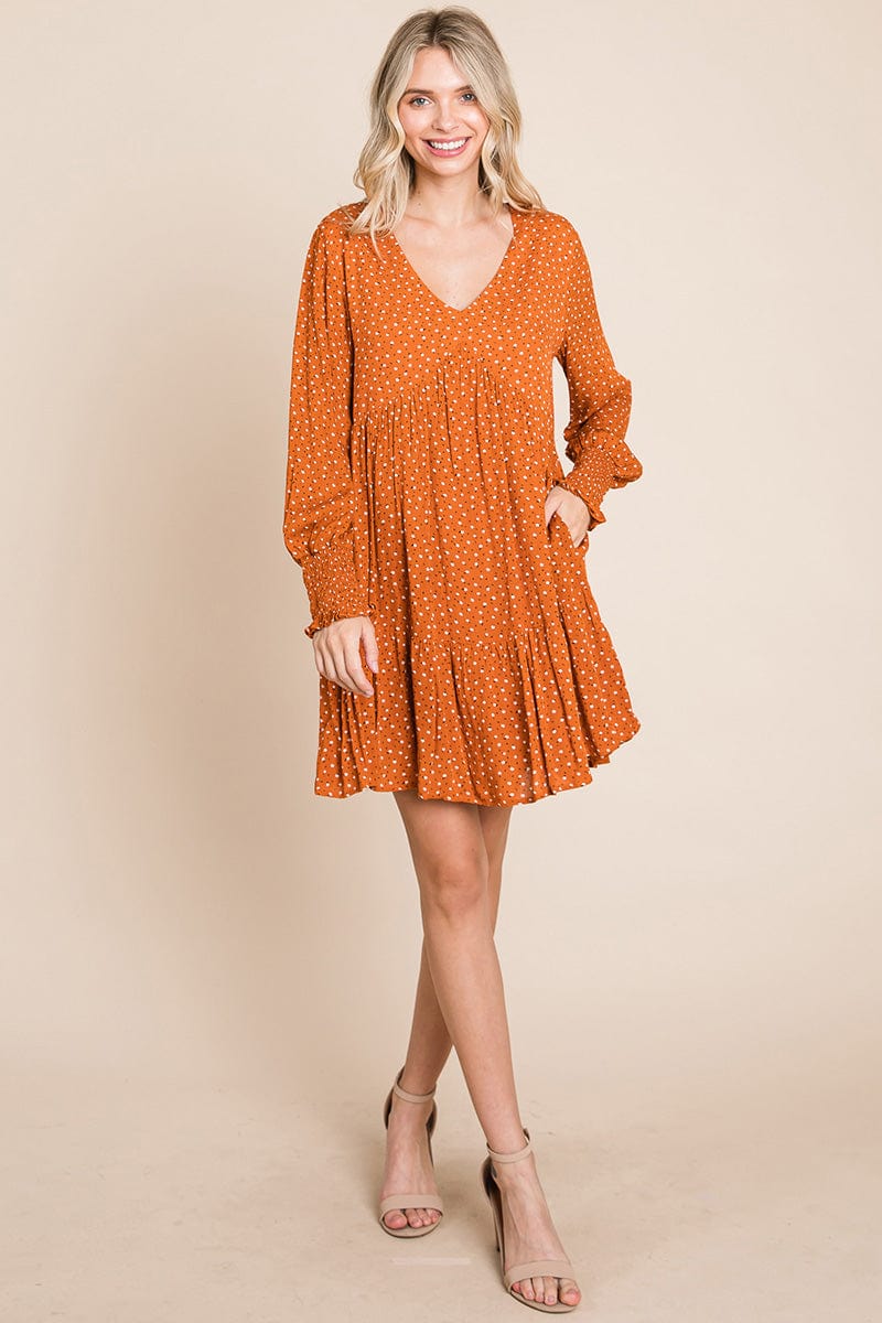 V neck Floral Printed Long Sleeve Pleated Dress by RolyPoly Apparel