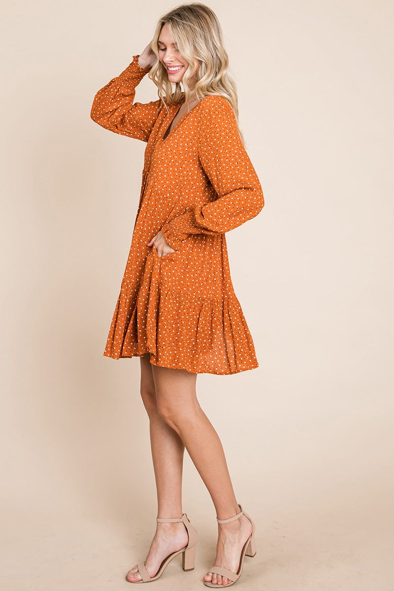 V neck Floral Printed Long Sleeve Pleated Dress by RolyPoly Apparel