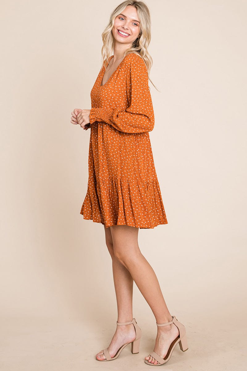 V neck Floral Printed Long Sleeve Pleated Dress by RolyPoly Apparel