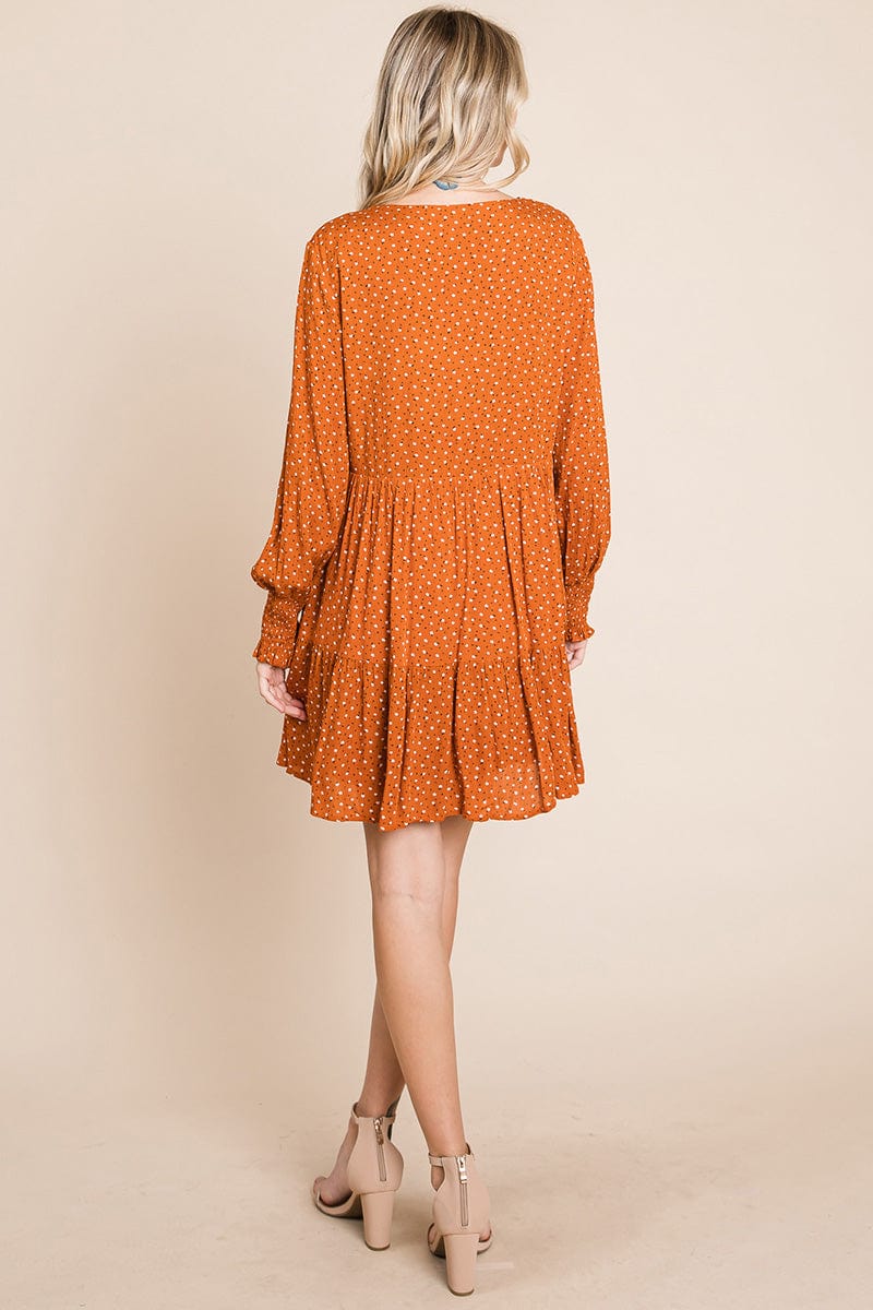 V neck Floral Printed Long Sleeve Pleated Dress by RolyPoly Apparel