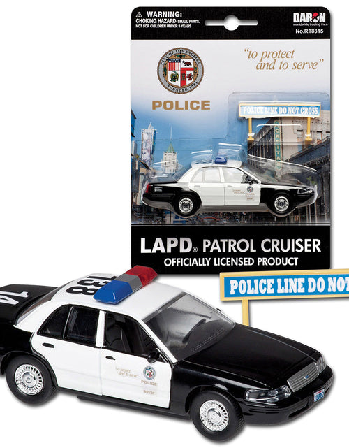 Load image into Gallery viewer, Ford Crown Victoria Police Cruiser Black and White "Los Angeles Police Department" with Police Sign Diecast Model by Daron
