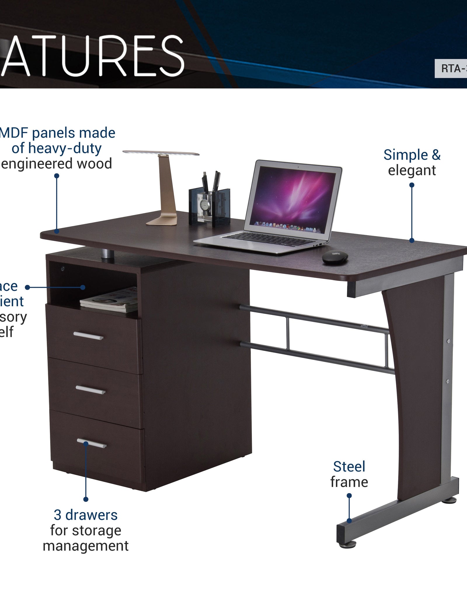 Techni Mobili Computer Desk with Ample Storage, Chocolate by Level Up Desks