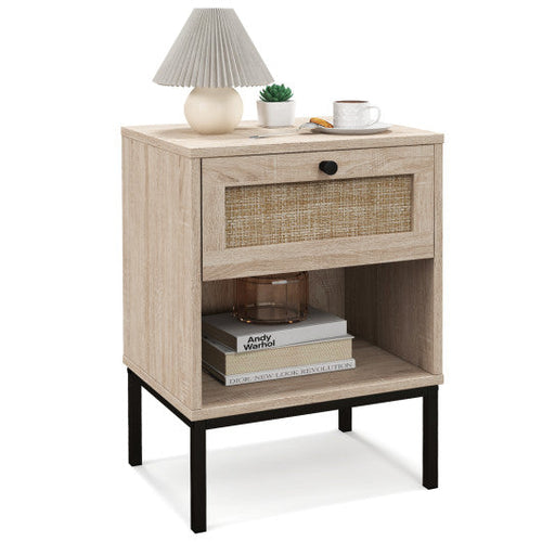 Load image into Gallery viewer, Rattan Nightstand Boho End Table with Rattan Drawer &amp; Open Shelf-Oak

