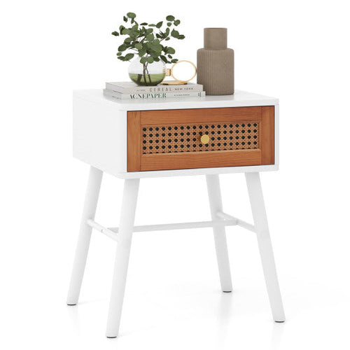 Load image into Gallery viewer, Rattan Nightstand Mid Century Modern Accent Table with Drawer-White

