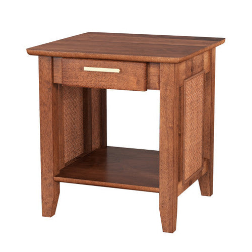 Load image into Gallery viewer, Rattan Nightstand End Table with Drawer and Storage Shelf-Walnut
