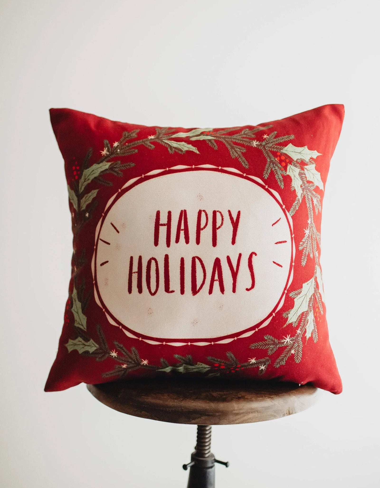 Red Happy Holiday Wreath Throw Pillow Cover | Rustic Christmas Decor | Christmas Gift | Home Decor Christmas | Decorative Pillows for Couch by UniikPillows