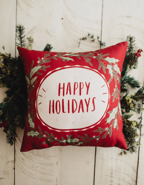 Load image into Gallery viewer, Red Happy Holiday Wreath Throw Pillow Cover | Rustic Christmas Decor | Christmas Gift | Home Decor Christmas | Decorative Pillows for Couch by UniikPillows
