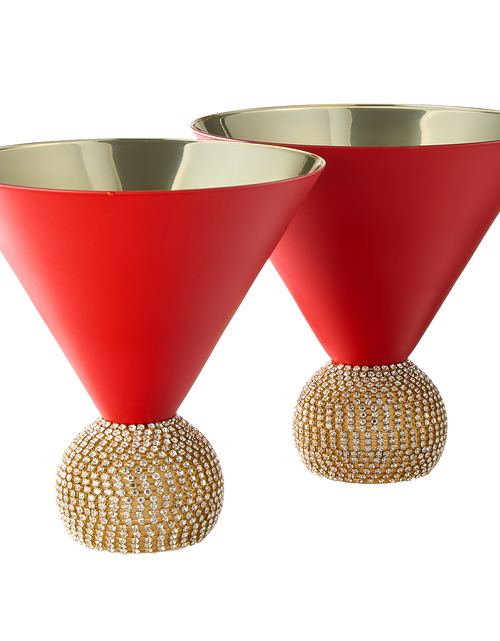 Load image into Gallery viewer, The Wine Savant Diamond Studded Martini Glasses Set of 2 Matte Red &amp; Gold Modern Cocktail Glass, Rhinestone Diamonds With Stemless Crystal Ball Base, Bar or Party 10.5oz, Swarovski Style Crystals by The Wine Savant

