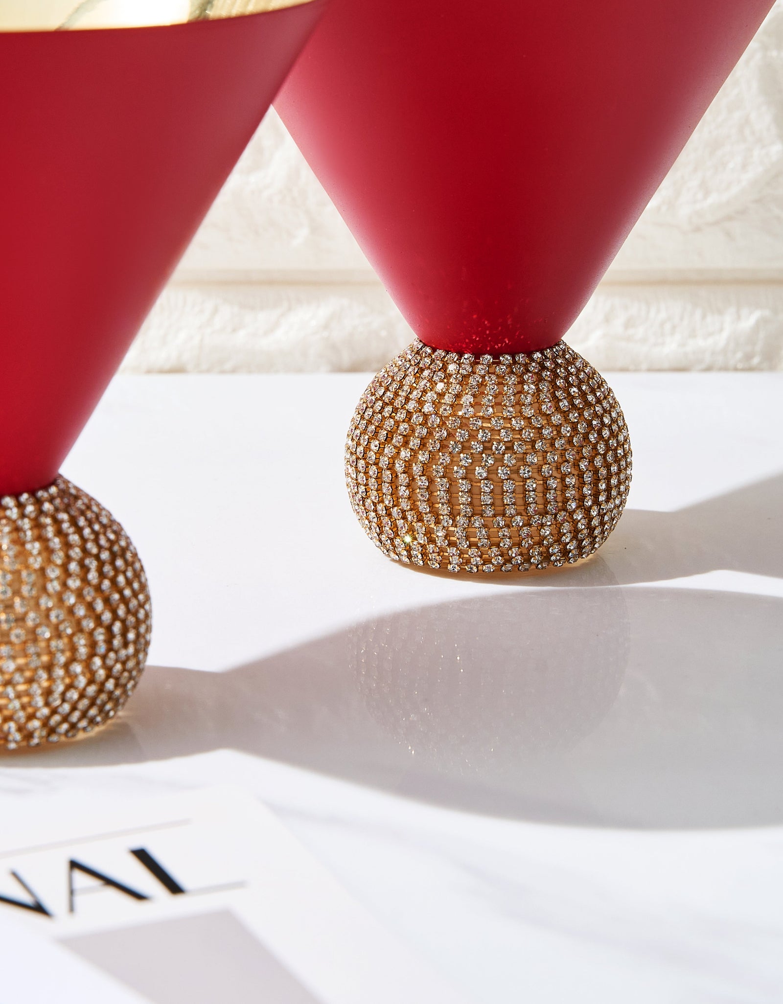 The Wine Savant Diamond Studded Martini Glasses Set of 2 Matte Red & Gold Modern Cocktail Glass, Rhinestone Diamonds With Stemless Crystal Ball Base, Bar or Party 10.5oz, Swarovski Style Crystals by The Wine Savant