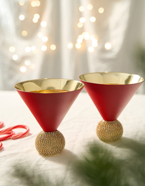 Load image into Gallery viewer, The Wine Savant Diamond Studded Martini Glasses Set of 2 Matte Red &amp; Gold Modern Cocktail Glass, Rhinestone Diamonds With Stemless Crystal Ball Base, Bar or Party 10.5oz, Swarovski Style Crystals by The Wine Savant
