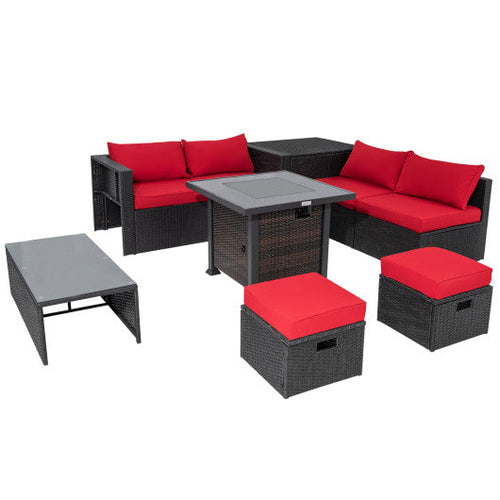 Load image into Gallery viewer, 9 Pieces Patio Furniture Set with 32” Fire Pit Table and 50000 BTU Square Propane Fire Pit-Red
