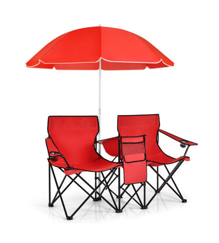 Portable Folding Picnic Double Chair With Umbrella-Red
