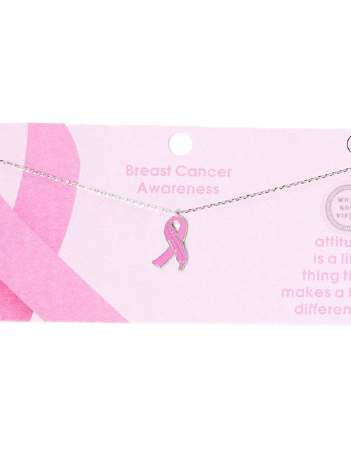 Load image into Gallery viewer, Gold Dipped Enamel Feather Detailed Pink Ribbon Necklace by Madeline Love
