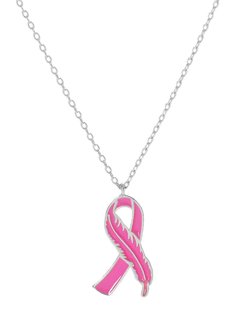 Load image into Gallery viewer, Gold Dipped Enamel Feather Detailed Pink Ribbon Necklace by Madeline Love
