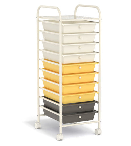 10 Drawer Rolling Storage Cart Organizer with 4 Universal Casters-Yellow