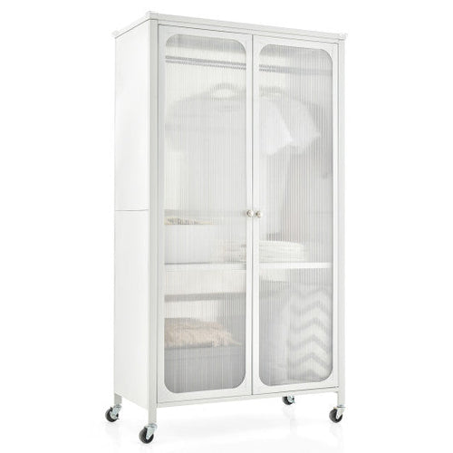 Load image into Gallery viewer, Rolling Storage Armoire Closet with Hanging Rod and Adjustable Shelf-White
