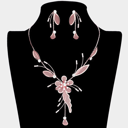 Load image into Gallery viewer, Crystal Detail Metal Mesh Flower Vine Necklace by Madeline Love
