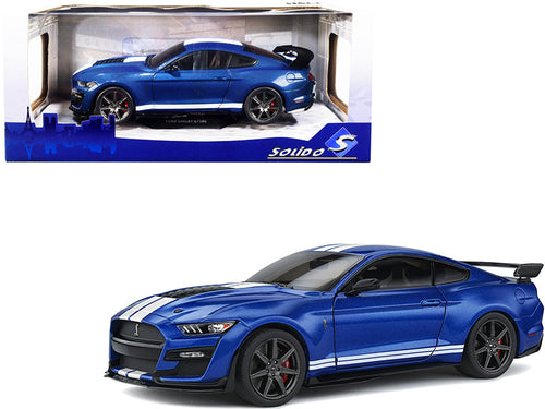 Load image into Gallery viewer, 2020 Ford Mustang Shelby GT500 Fast Track Ford Performance Blue Metallic with White Stripes 1/18 Diecast Model Car by Solido

