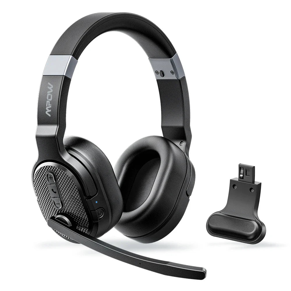 Mpow E65 2 in 1 Wireless Headphones Bluetooth 5.3 Dual/Single Office Headset with Microphone&Mute Switch 35H for Trucker Driver