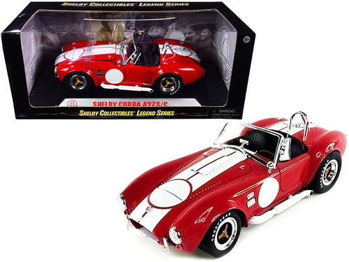 Load image into Gallery viewer, 1965 Shelby Cobra 427 S/C Red with White Stripes with Printed Carroll Shelby's Signature on the Trunk 1/18 Diecast Model Car by Shelby Collectibles
