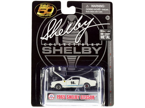 Load image into Gallery viewer, 1965 Ford Mustang Shelby GT350R #98B "Terlingua Racing Team" White with Blue Stripes "Shelby American 50 Years" (1962-2012) 1/64 Diecast Model Car by Shelby Collectibles
