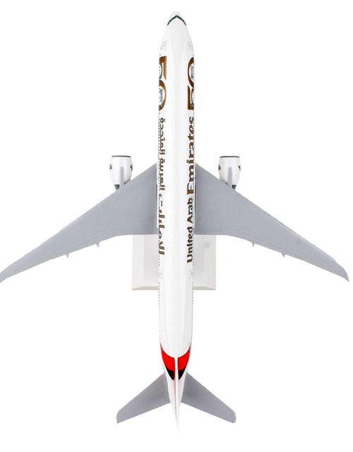 Load image into Gallery viewer, Boeing 777-300ER Commercial Aircraft with Landing Gear "Emirates Airlines - 50th Anniversary" (A6-EPO) White with Tail Graphics (Snap-Fit) 1/200 Plastic Model by Skymarks
