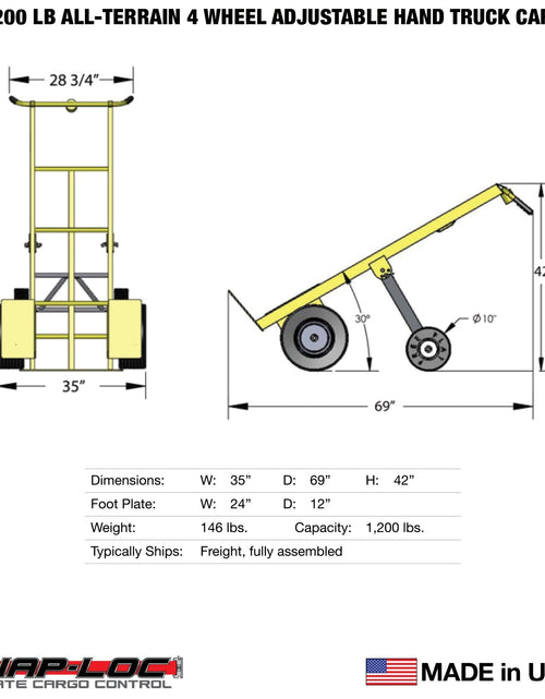 Load image into Gallery viewer, SNAP-LOC 1200 lb Capacity All-Terrain 4 Wheel Adjustable Hand Truck Cart by SNAP-LOC CARGO CONTROL
