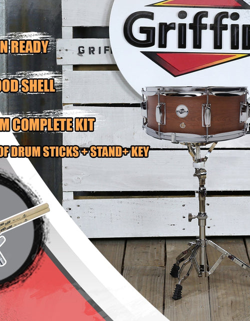 Load image into Gallery viewer, GRIFFIN Snare Drum Package with Snare Stand, 2 Pairs of Drum Sticks &amp; Drum Key | Snare Kit with Poplar Wood Shell 14" x 5.5" with Flat Hickory PVC | 8 Metal Tuning Lugs &amp; Snare Strainer Throw Off by GeekStands.com
