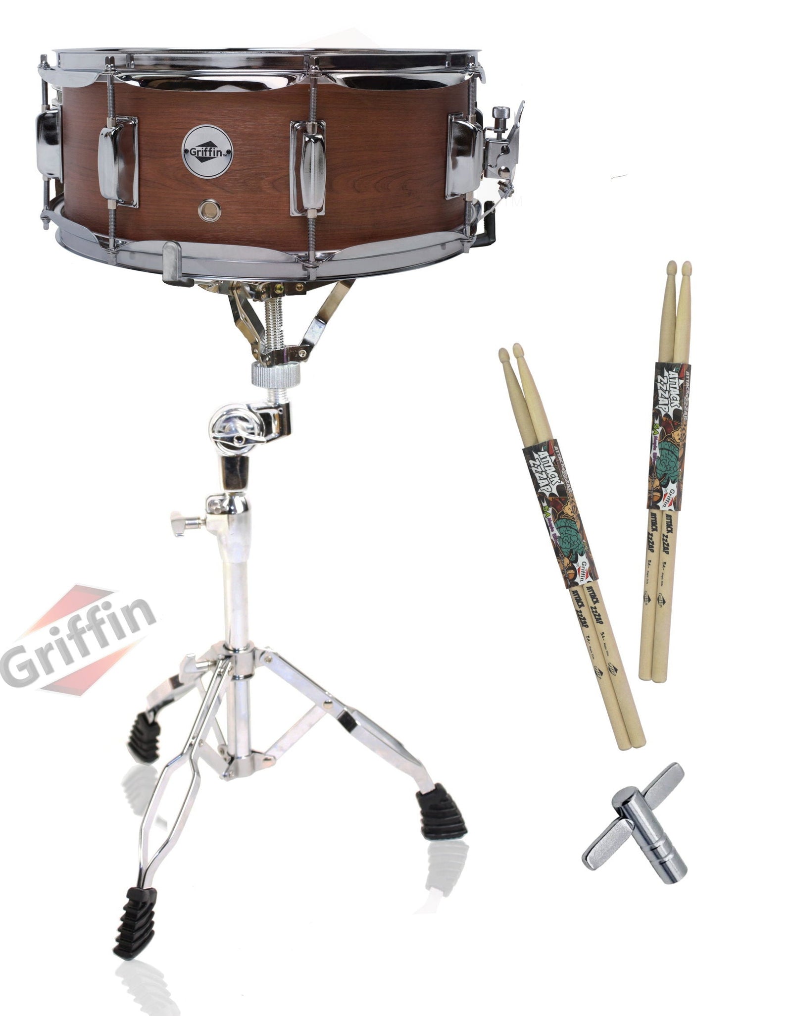 GRIFFIN Snare Drum Package with Snare Stand, 2 Pairs of Drum Sticks & Drum Key | Snare Kit with Poplar Wood Shell 14" x 5.5" with Flat Hickory PVC | 8 Metal Tuning Lugs & Snare Strainer Throw Off by GeekStands.com