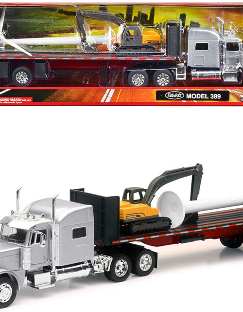 Load image into Gallery viewer, Peterbilt 389 Truck with Flatbed Trailer Silver Metallic with Excavator and Wind Turbine "Long Haul Truckers" Series 1/32 Diecast Model by New Ray
