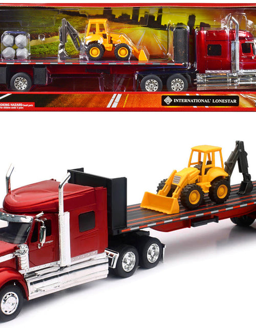 Load image into Gallery viewer, International Lonestar Truck with Flatbed Trailer Red Metallic with Front Loader and Rocks "Long Haul Truckers" Series 1/32 Diecast Model by New Ray
