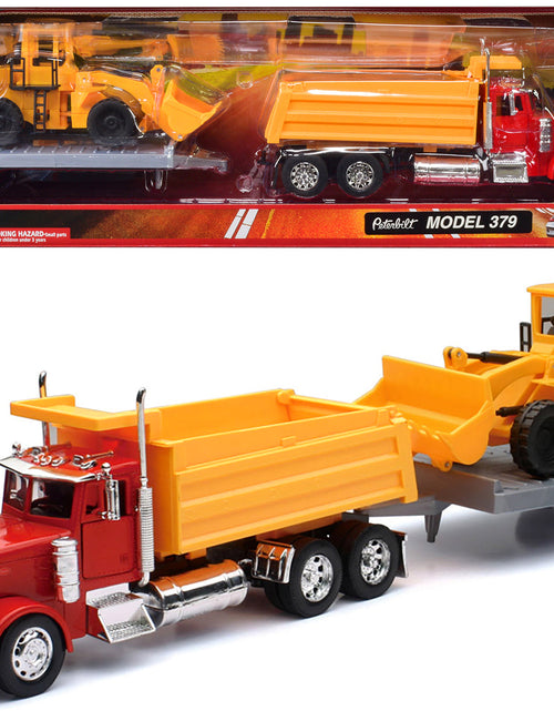 Load image into Gallery viewer, Peterbilt 379 Dump Truck Red and Wheel Loader Yellow with Flatbed Trailer "Long Haul Truckers" Series 1/32 Diecast Model by New Ray
