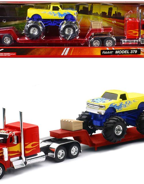 Load image into Gallery viewer, Peterbilt 379 Truck with Lowboy Trailer Red with Orange Flames and Monster Truck Yellow with Blue Flames "Long Haul Truckers" Series 1/32 Diecast Model by New Ray
