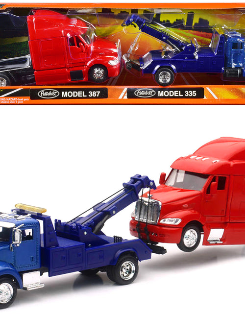 Load image into Gallery viewer, Peterbilt Model 335 Tow Truck Blue and Peterbilt Model 387 Cab Red Set of 2 Pieces 1/43 by New Ray
