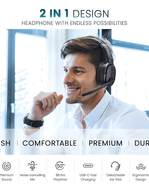 Load image into Gallery viewer, Mpow E65 2 in 1 Wireless Headphones Bluetooth 5.3 Dual/Single Office Headset with Microphone&amp;Mute Switch 35H for Trucker Driver
