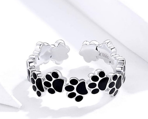 Load image into Gallery viewer, Paw Print Black Enamel Ring - Sterling Silver by PetWithMe
