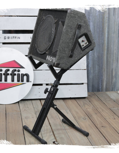 Load image into Gallery viewer, Guitar Combo Amplifier Stand by GRIFFIN - PA Speaker Karaoke Monitor Holder - Low Profile Pro-Audio Amp Tilt Back Mount Stand for Speaker Cabinet by GeekStands.com
