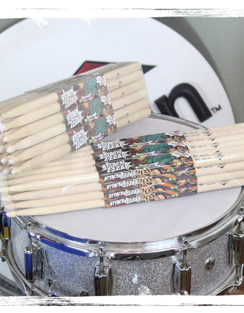 Load image into Gallery viewer, GRIFFIN Attack Zzzap Drum Sticks - 24 Pairs of Select Elite Maple Wood Size 5A - Drummers Percussion Classic Pure Grit Uncoated, Raw Wood Drumming Sticks - Premium Balanced, Level and Straight by GeekStands.com
