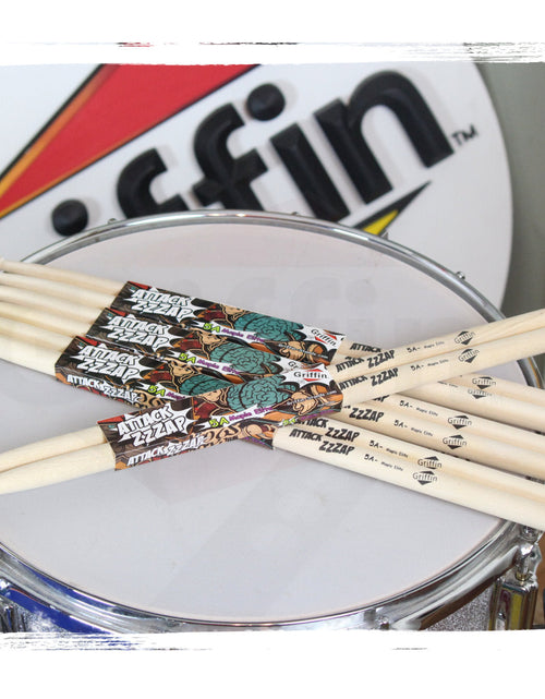 Load image into Gallery viewer, GRIFFIN Attack Zzzap Drum Sticks - 4 Pairs of Select Elite Maple Wood Size 5A - Premium Balanced, Level and Straight - Drummers Percussion Classic Pure Grit Uncoated, Raw Wood Drumming Sticks by GeekStands.com
