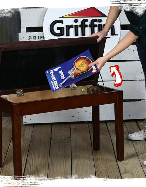 Load image into Gallery viewer, GRIFFIN Brown Wood PU Leather Piano Bench - Double Vintage Design, Ergonomic Chair Musicians Keyboard Stool - Cushion Duet Seat &amp; Sheet Music Storage by GeekStands.com
