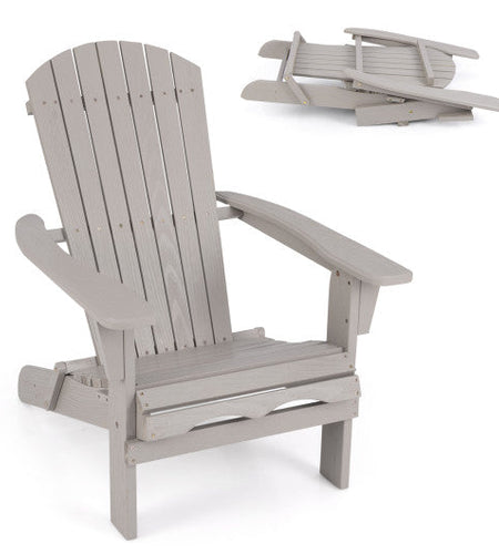 1 Piece Folding Adirondack Chair with High Backrest and Wide Armrests-Gray