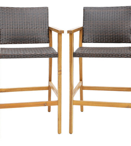 Set of 2 PE Wicker Patio Bar Chairs with Acacia Wood Armrests-Set of 2