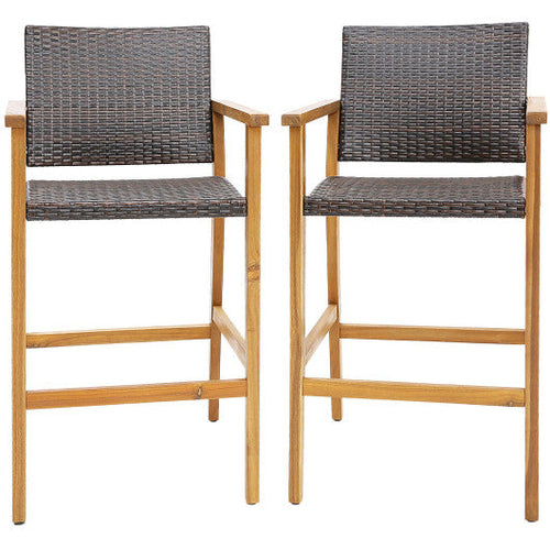Load image into Gallery viewer, Set of 2 PE Wicker Patio Bar Chairs with Acacia Wood Armrests-Set of 2
