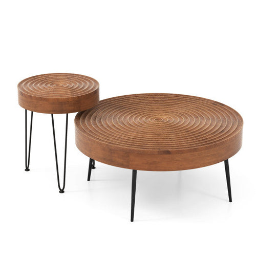 Load image into Gallery viewer, Set of 2 Solid Wood Ring Pattern Farmhouse Round Coffee Tables-Brown
