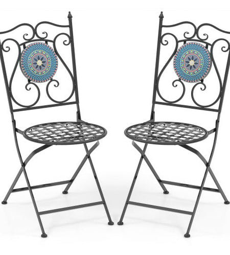 Set of 2 Mosaic Chairs for Patio Metal Folding Chairs-Multicolor