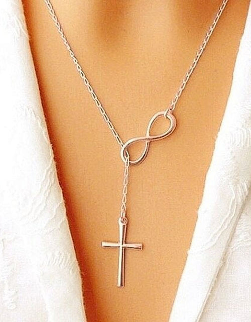 Load image into Gallery viewer, RMZ GOLD NYC Infinity Drop Cross Lariat Necklace
