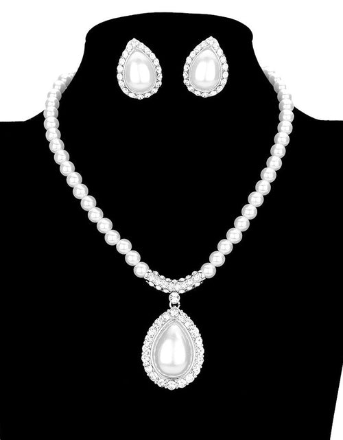Load image into Gallery viewer, Crystal Trim Pearl Pendant Necklace Earring Set by Madeline Love
