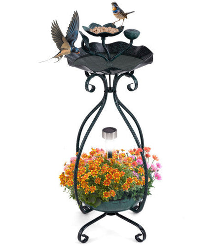 Solar Outdoor Bird Bath Feeder Combo with Flower Planter Pedestal and Solar Lights-Bronze