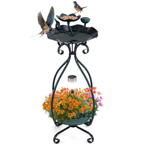Load image into Gallery viewer, Solar Outdoor Bird Bath Feeder Combo with Flower Planter Pedestal and Solar Lights-Bronze
