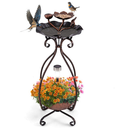 Solar Outdoor Bird Bath Feeder Combo with Flower Planter Pedestal and Solar Lights-Copper